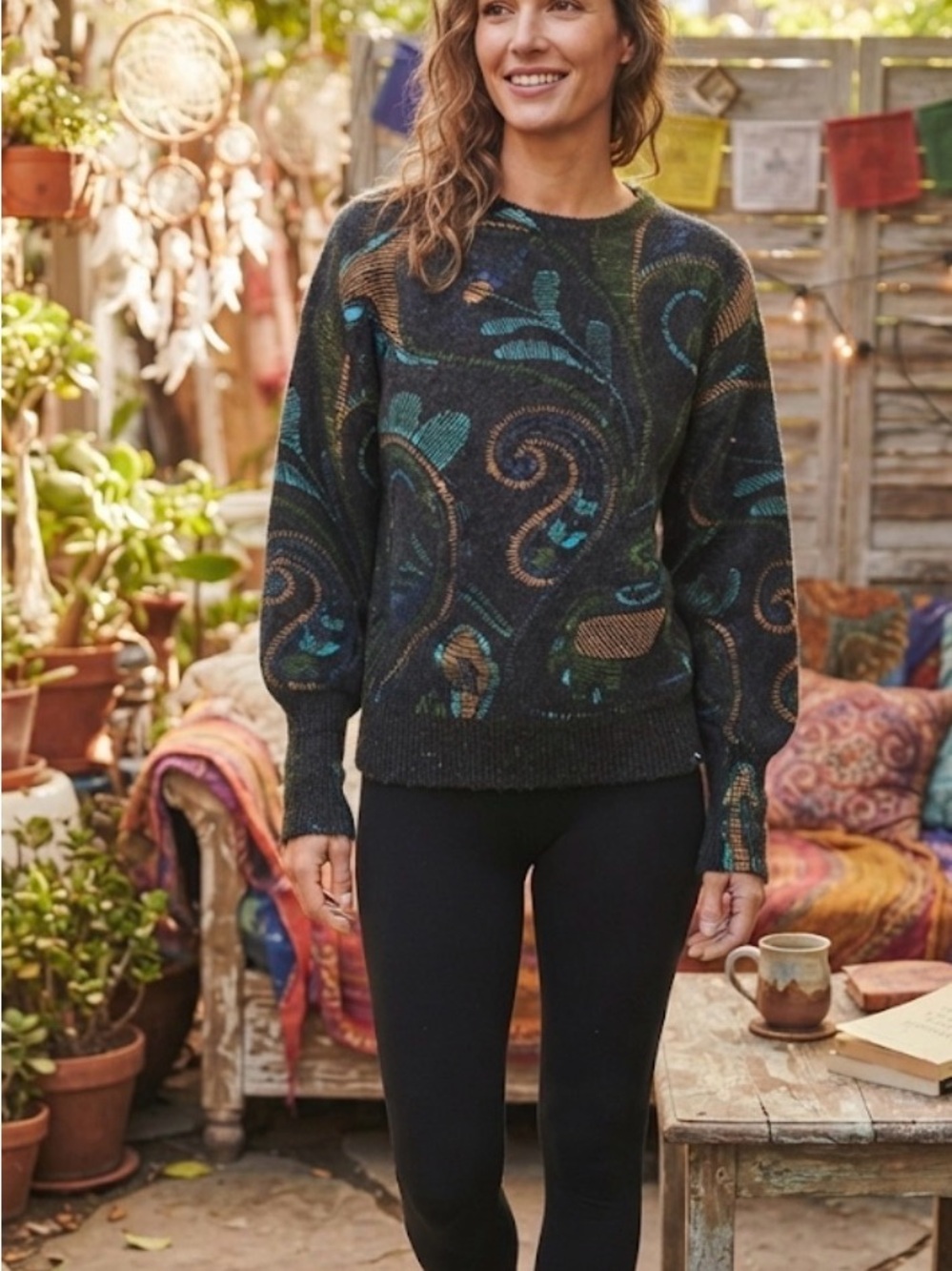 Womens Dark Green Paisley Crewneck Sweater